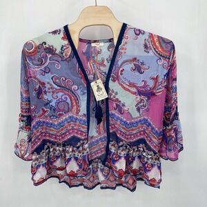 NWT Easel Los Angeles Women's Sm Paisley Kimono Cardigan Blue Purple Red Tassels